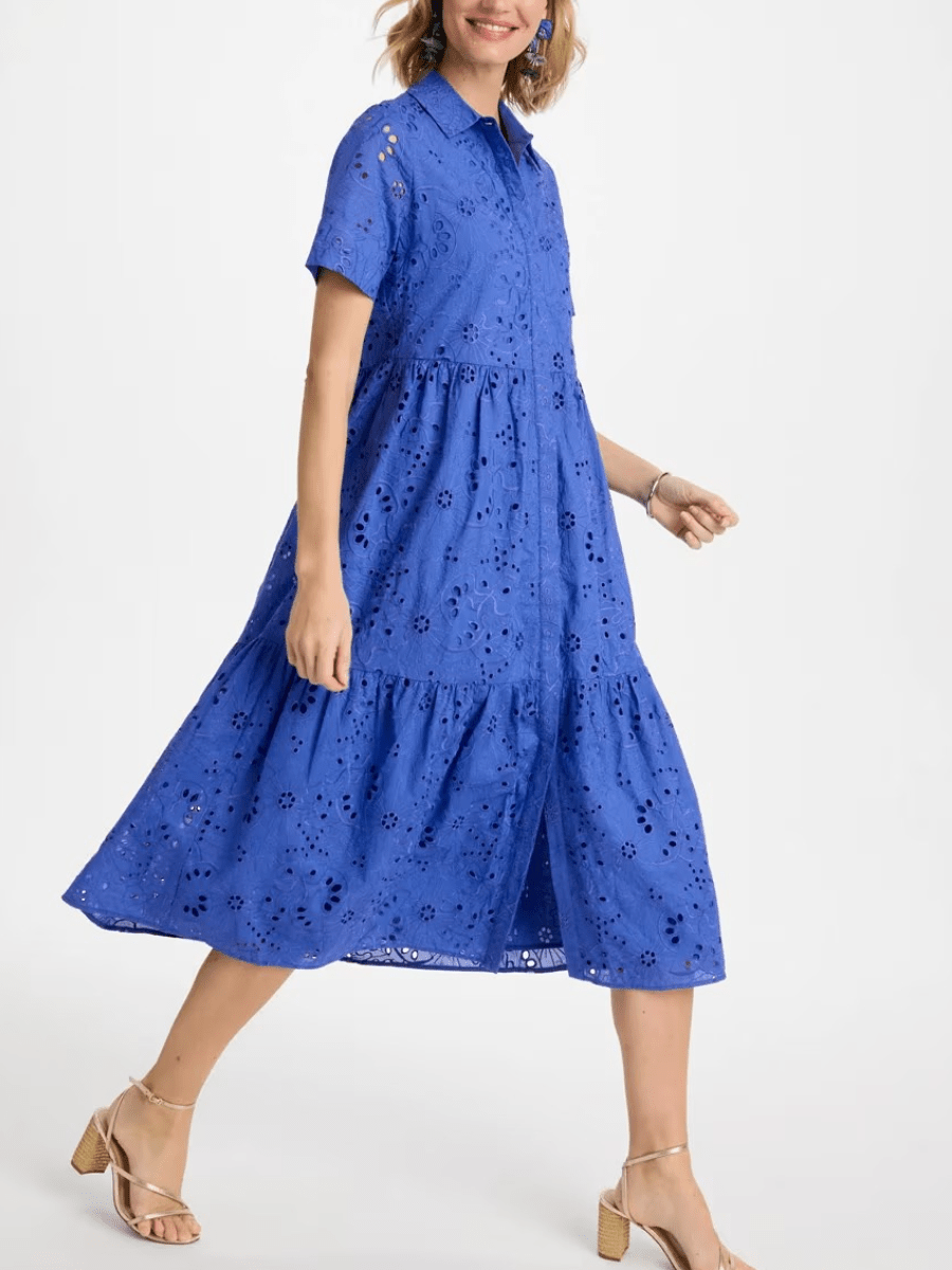 Blue Cotton English Button - Down Tiered Midi Dress - allsose
