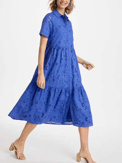 Blue Cotton English Button - Down Tiered Midi Dress - allsose