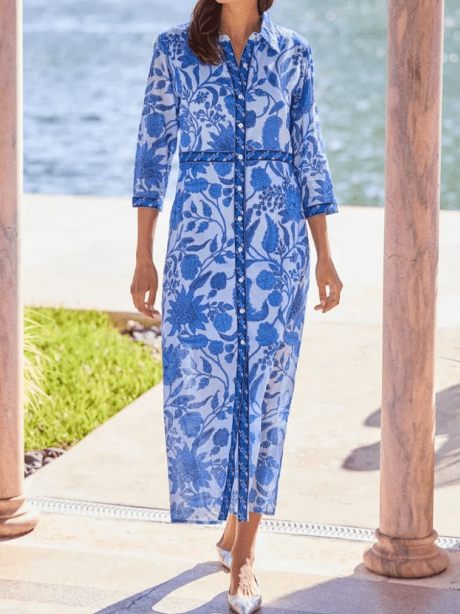 Blue Floral Block Print Maxi Dress - allsose