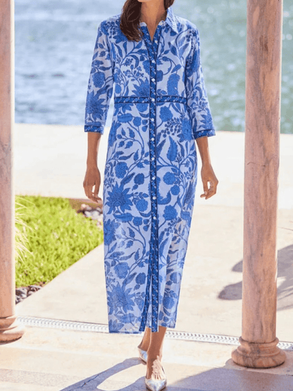 Blue Floral Block Print Maxi Dress - allsose