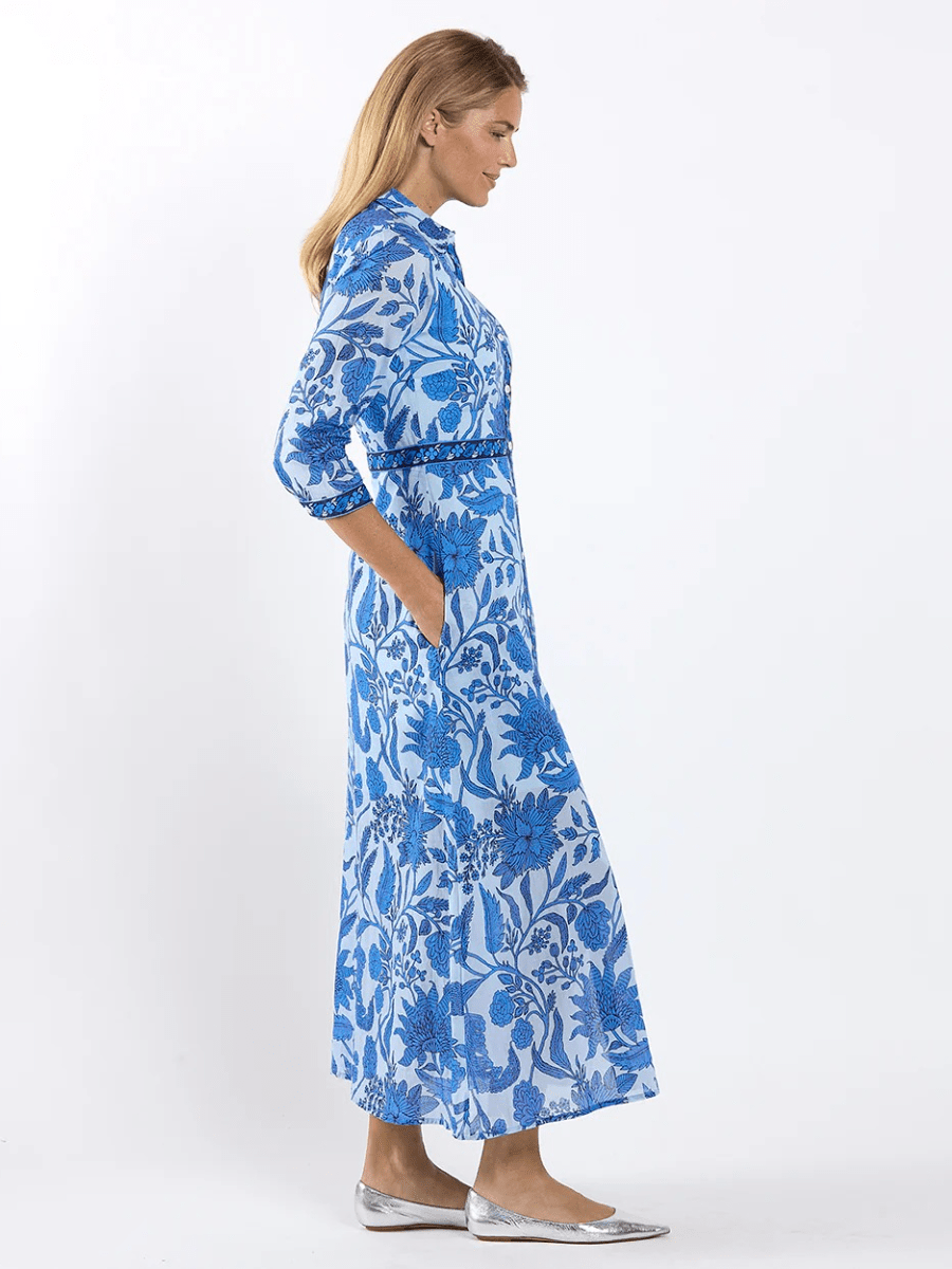 Blue Floral Block Print Maxi Dress - allsose