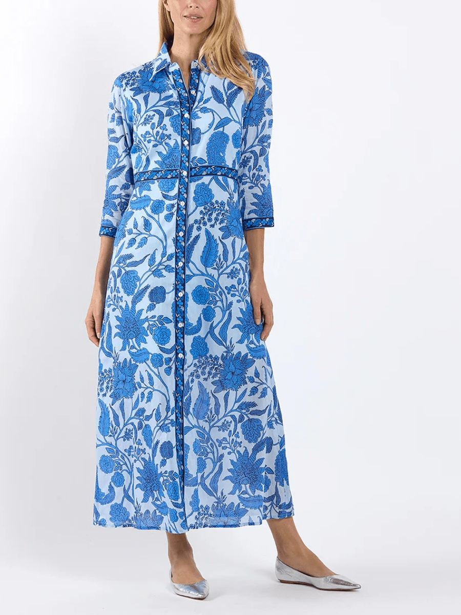 Blue Floral Block Print Maxi Dress - allsose