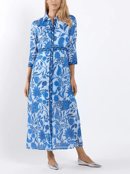 Blue Floral Block Print Maxi Dress - allsose