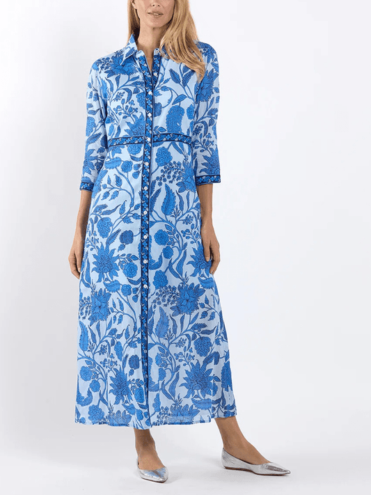 Blue Floral Block Print Maxi Dress - allsose