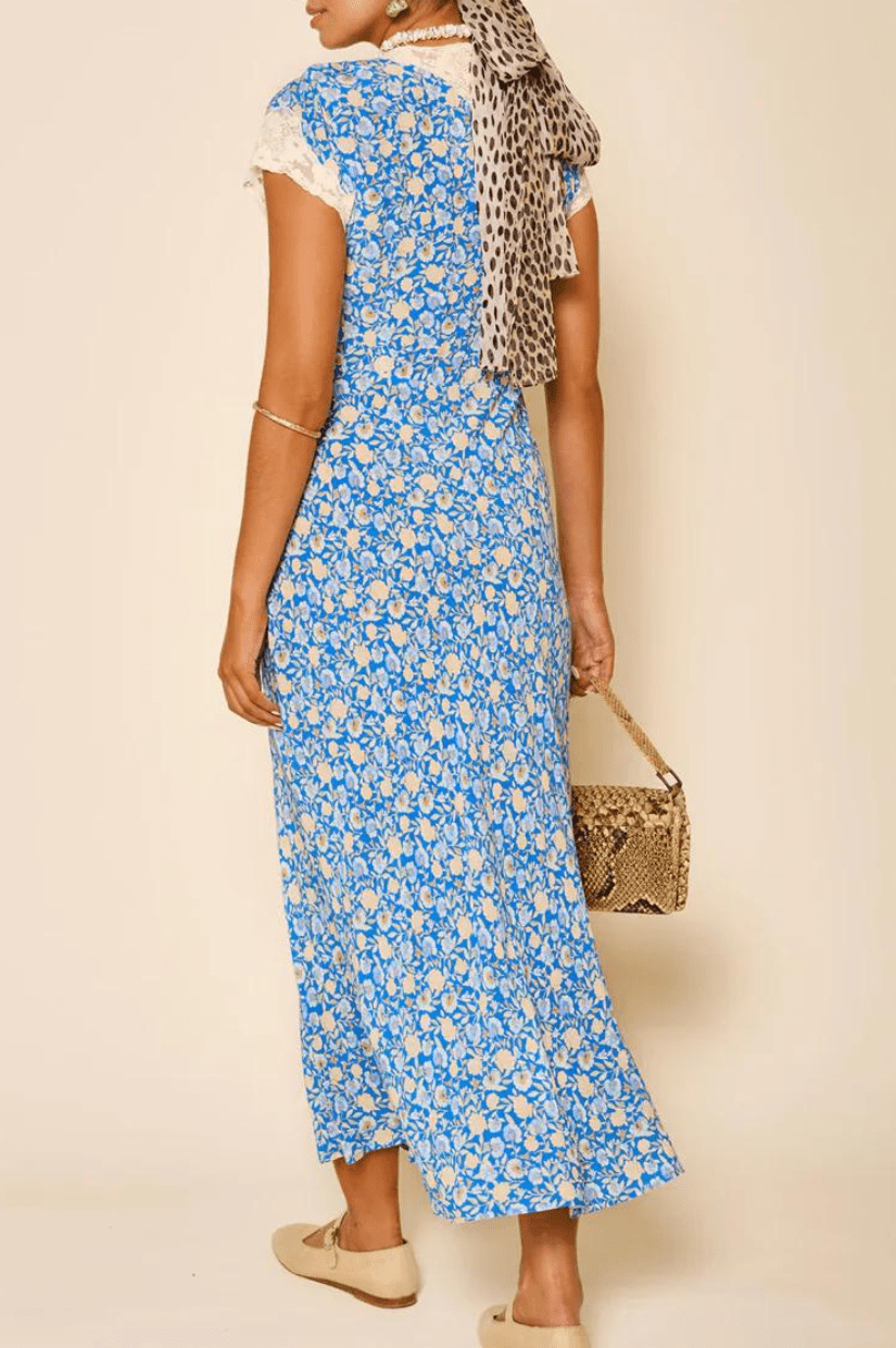 Blue Floral Print Lace Trim Smocked Maxi Dress - allsose