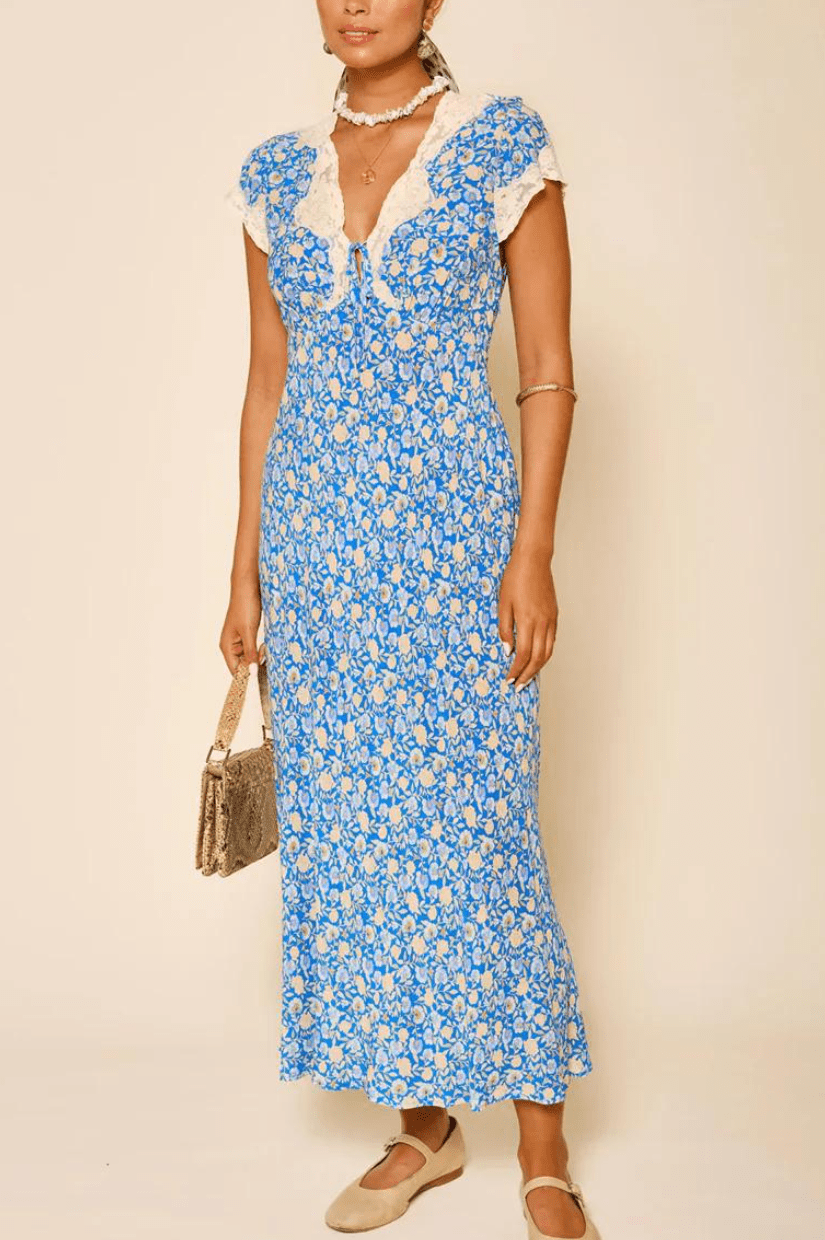 Blue Floral Print Lace Trim Smocked Maxi Dress - allsose