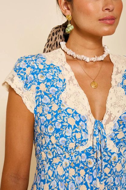 Blue Floral Print Lace Trim Smocked Maxi Dress - allsose