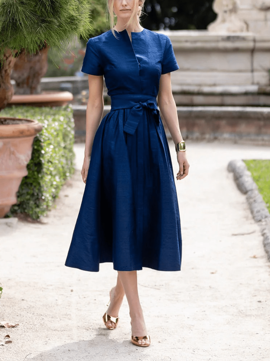 Blue Striped Floral Belt Midi Dress - allsose