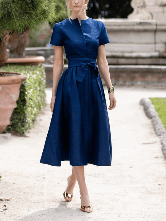Blue Striped Floral Belt Midi Dress - allsose