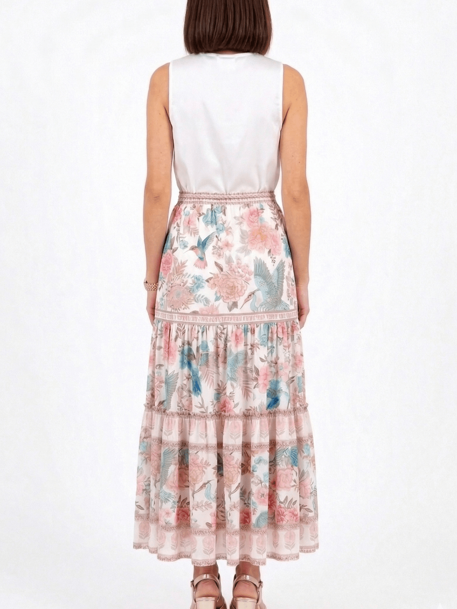 Boho Floral Bird Print Tiered Maxi Skirt | Summer Vacation Chic ✨ - allsose