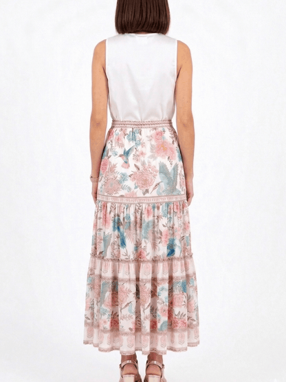 Boho Floral Bird Print Tiered Maxi Skirt | Summer Vacation Chic ✨ - allsose