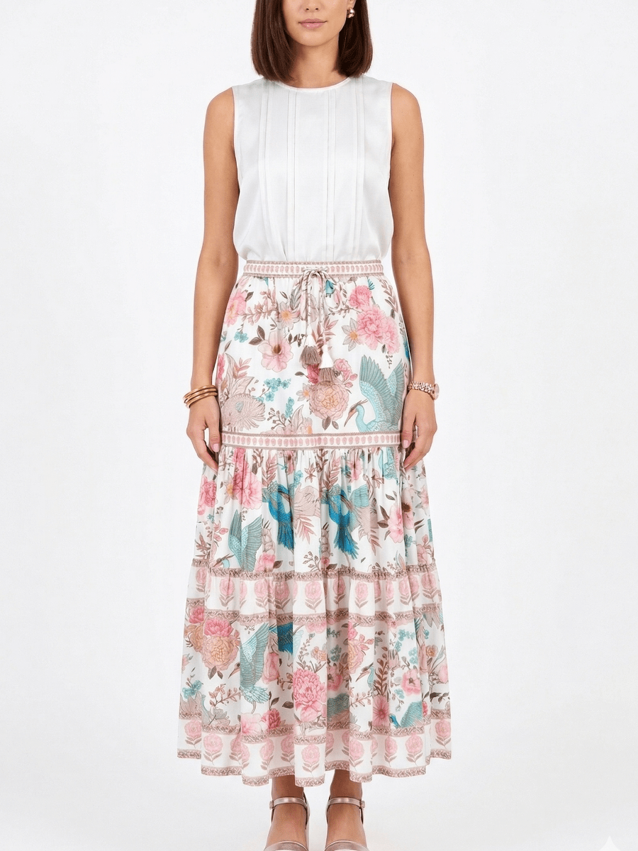 Boho Floral Bird Print Tiered Maxi Skirt | Summer Vacation Chic ✨ - allsose