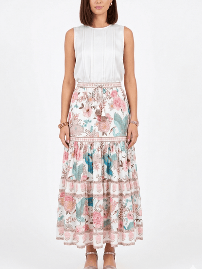 Boho Floral Bird Print Tiered Maxi Skirt | Summer Vacation Chic ✨ - allsose