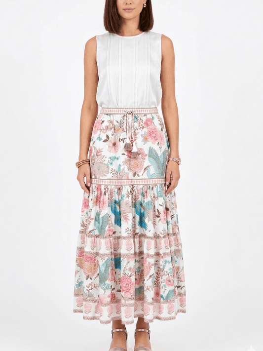 Boho Floral Bird Print Tiered Maxi Skirt | Summer Vacation Chic ✨ - allsose