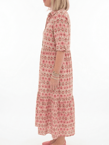 Boho Floral Print Collared Button - Down Tiered Midi Dress - allsose