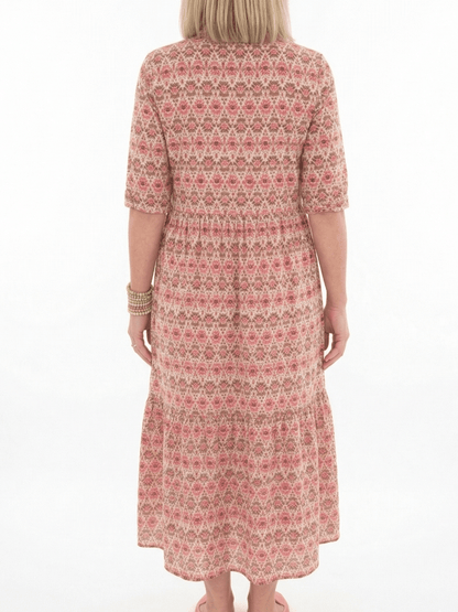 Boho Floral Print Collared Button - Down Tiered Midi Dress - allsose