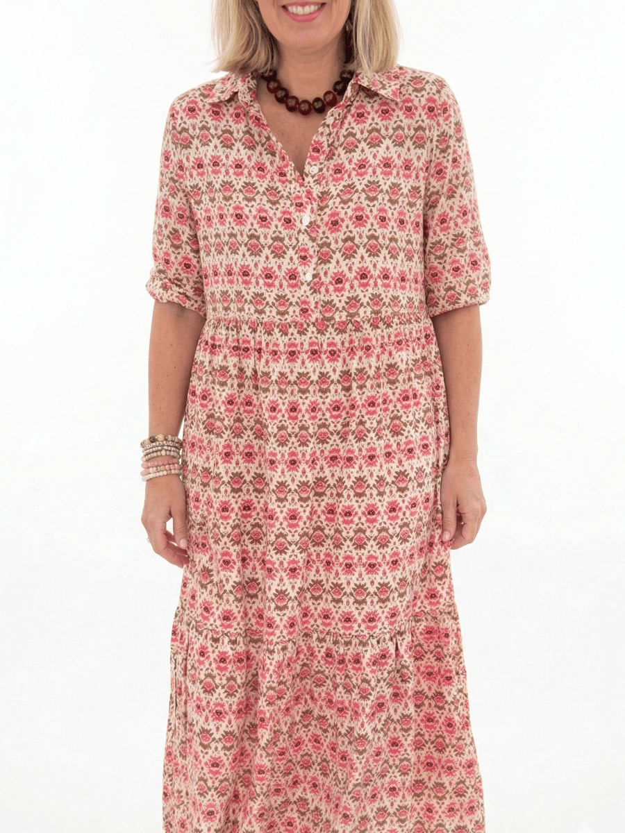 Boho Floral Print Collared Button - Down Tiered Midi Dress - allsose