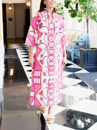 Boho Pink Print 3/4 Sleeve Maxi Caftan - allsose