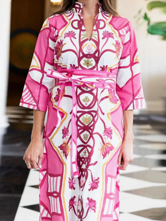 Boho Pink Print 3/4 Sleeve Maxi Caftan - allsose