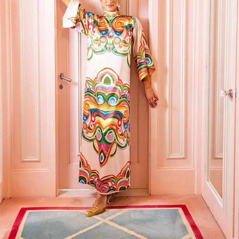 Boho Rainbow Mandarin Collar Dress - allsose