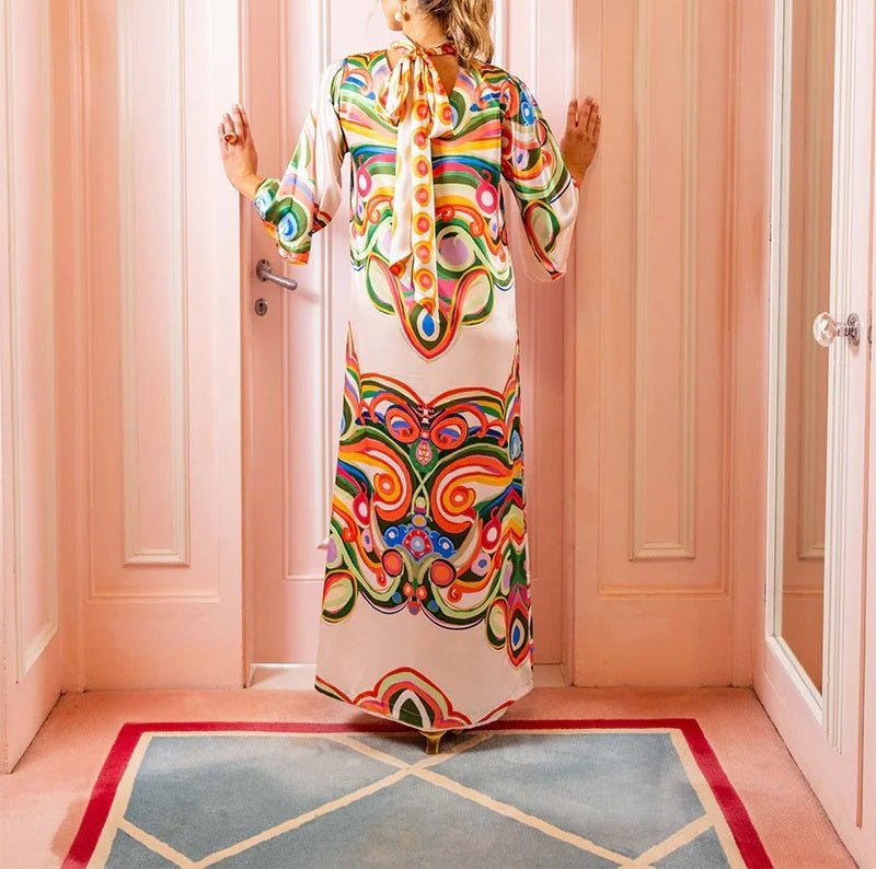 Boho Rainbow Mandarin Collar Dress - allsose