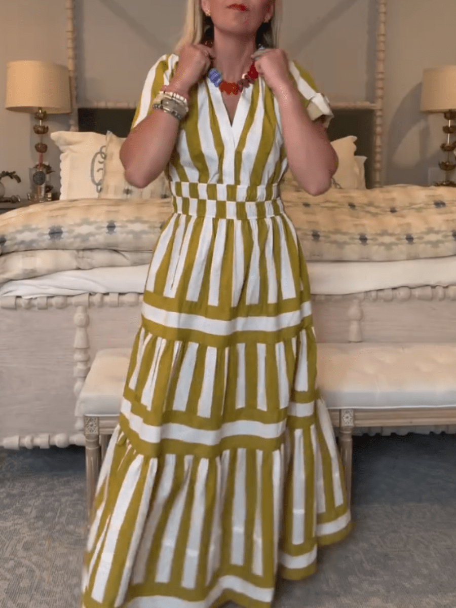 Boho Vertical Stripe Smocked Waist Tiered Maxi Dress - allsose
