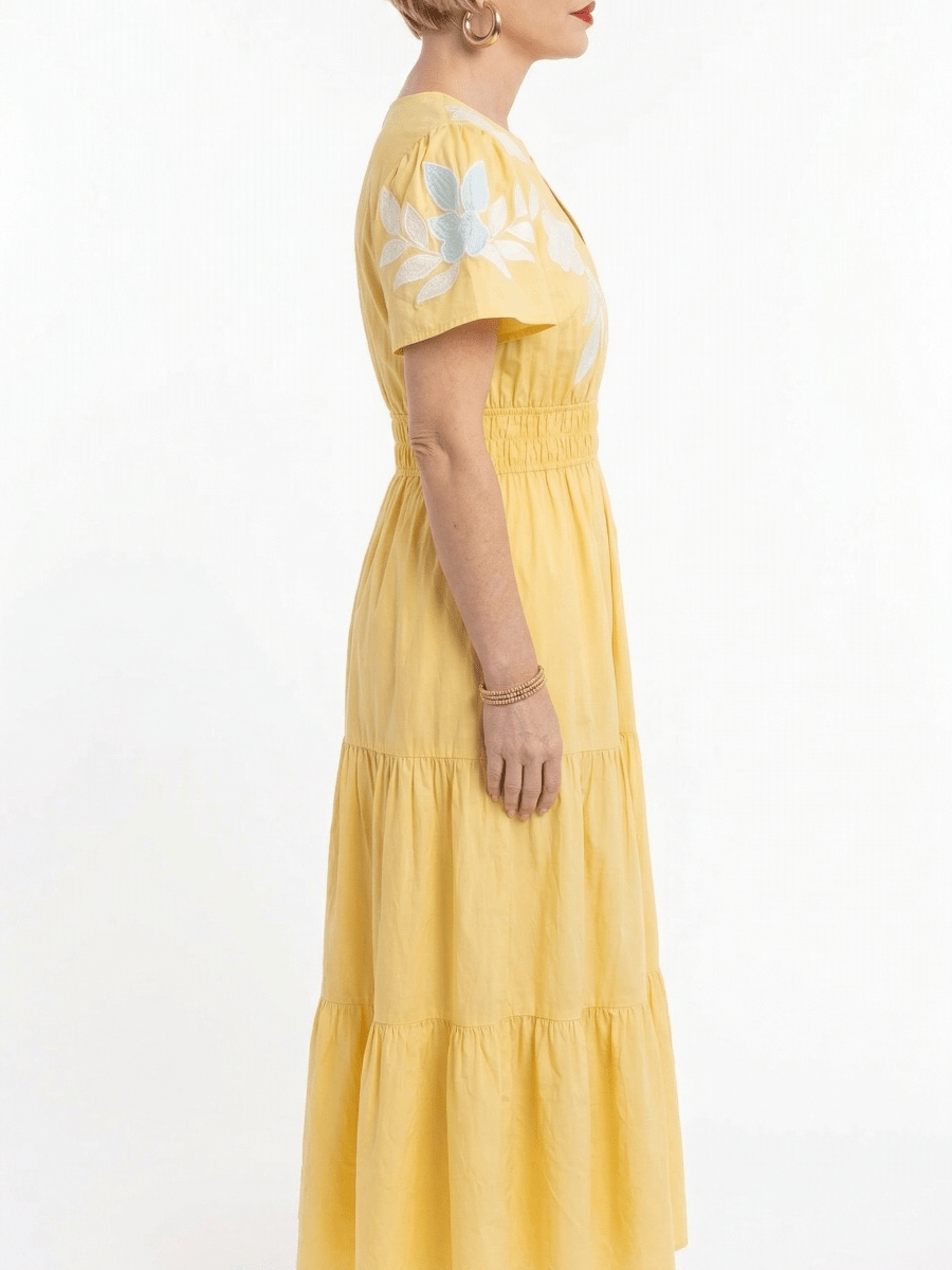 Boho Yellow Cotton Embroidered V - Neck Short Sleeve Maxi Dress - allsose