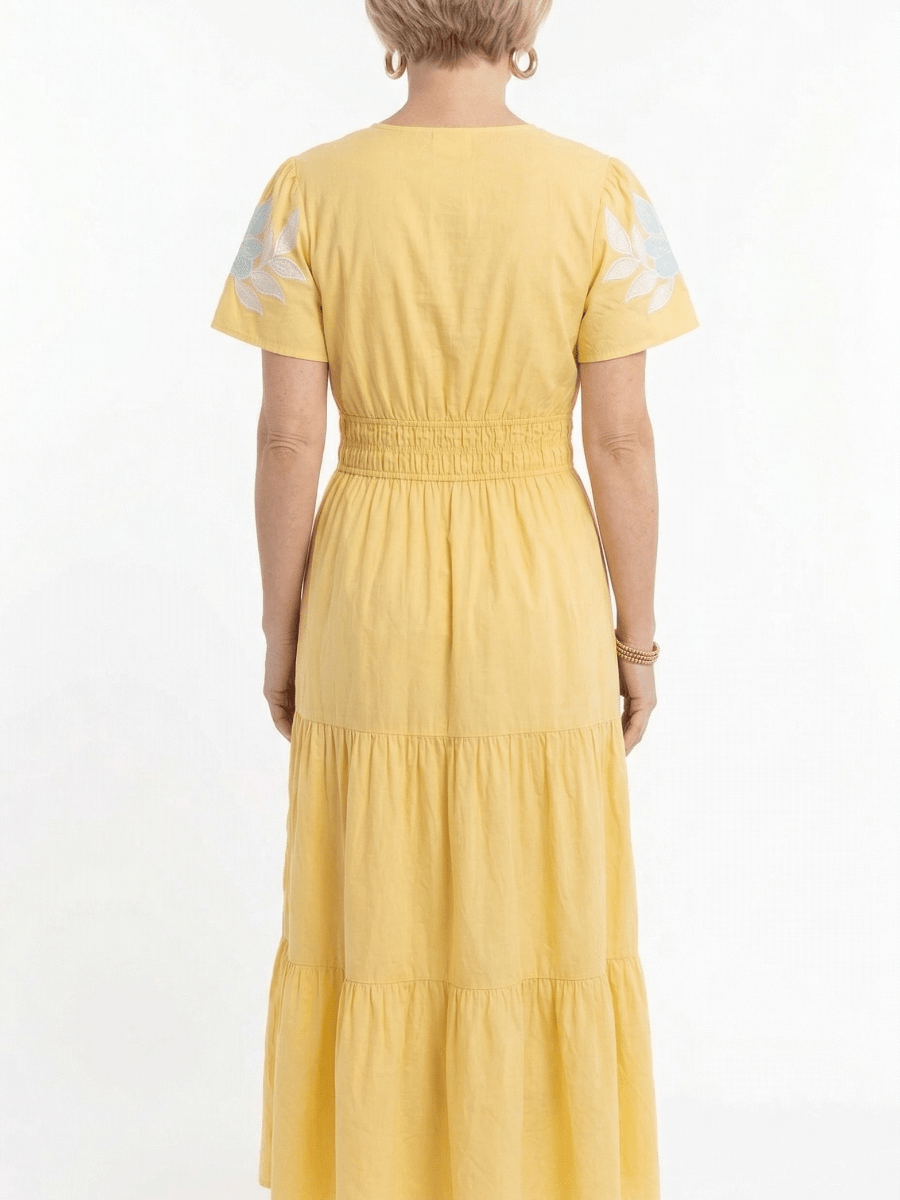 Boho Yellow Cotton Embroidered V - Neck Short Sleeve Maxi Dress - allsose