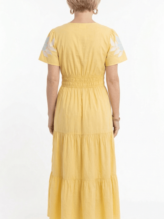 Boho Yellow Cotton Embroidered V - Neck Short Sleeve Maxi Dress - allsose