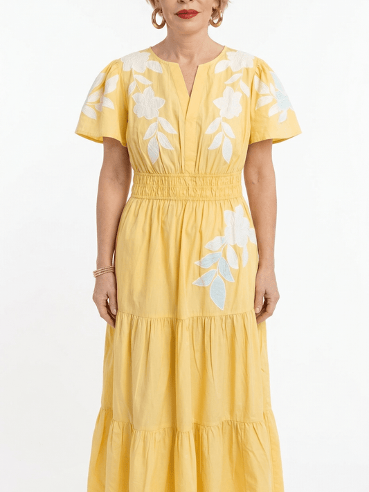 Boho Yellow Cotton Embroidered V - Neck Short Sleeve Maxi Dress - allsose