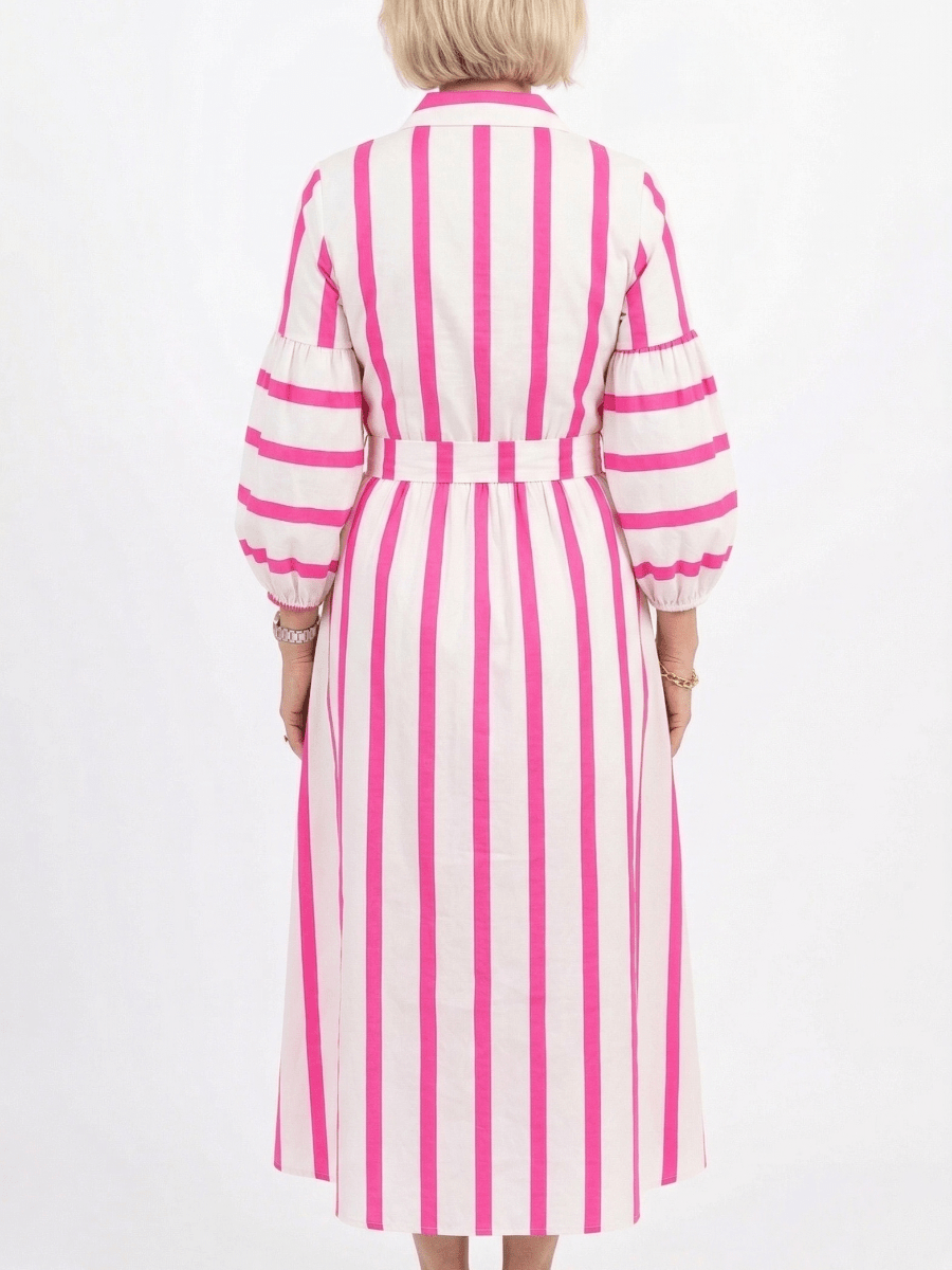 Bright Pink Vertical Stripe Button - Down Midi Dress - allsose