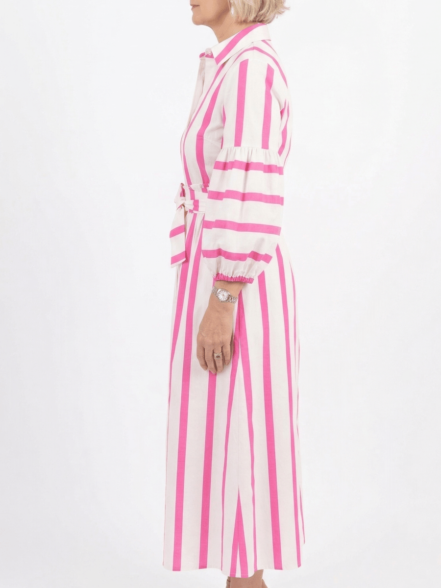 Bright Pink Vertical Stripe Button - Down Midi Dress - allsose