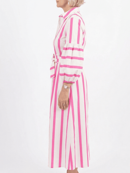 Bright Pink Vertical Stripe Button - Down Midi Dress - allsose