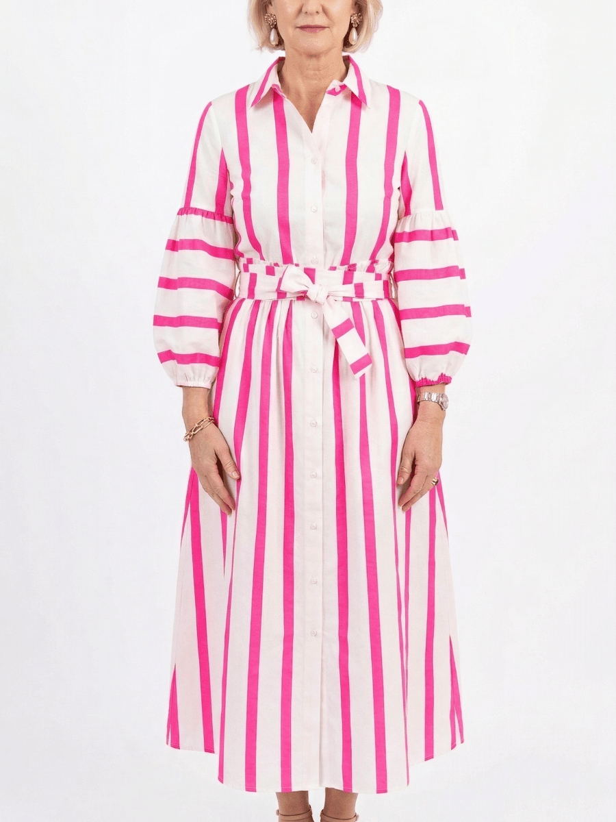 Bright Pink Vertical Stripe Button - Down Midi Dress - allsose
