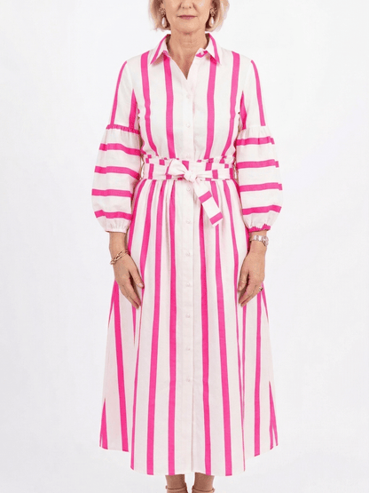 Bright Pink Vertical Stripe Button - Down Midi Dress - allsose