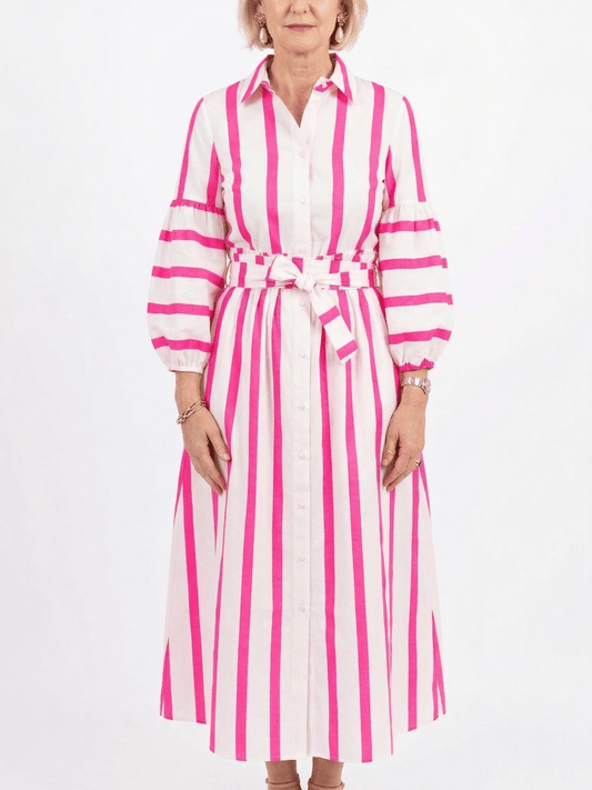 Bright Pink Vertical Stripe Button - Down Midi Dress - allsose