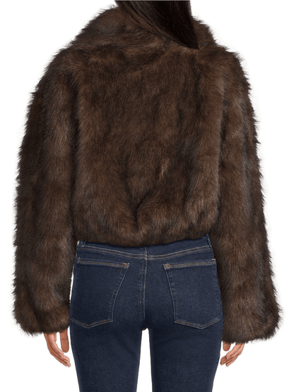Brown Faux Fur Cropped Bomber Jacket - allsose