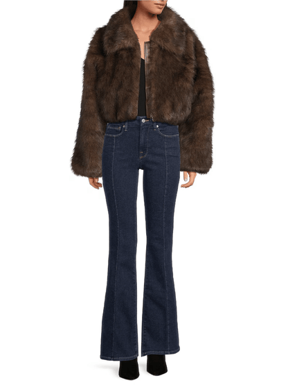Brown Faux Fur Cropped Bomber Jacket - allsose
