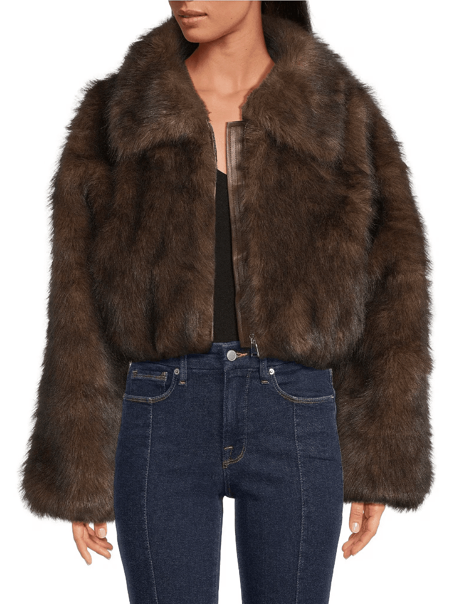 Brown Faux Fur Cropped Bomber Jacket - allsose