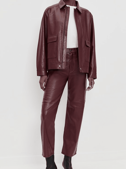 Burgundy Faux Leather High - Waist Wide - Leg Cropped Pants - allsose