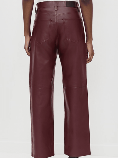 Burgundy Faux Leather High - Waist Wide - Leg Cropped Pants - allsose