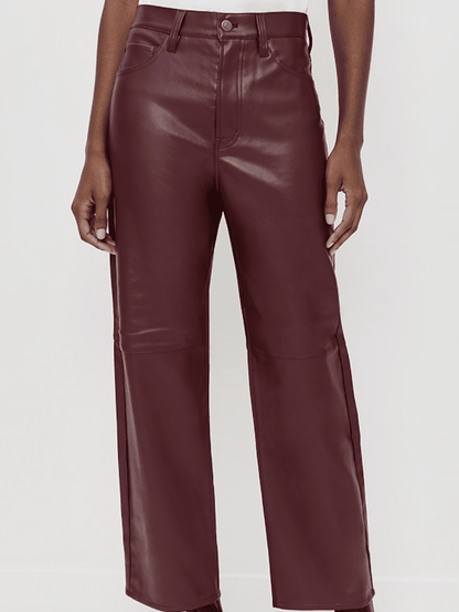 Burgundy Faux Leather High - Waist Wide - Leg Cropped Pants - allsose