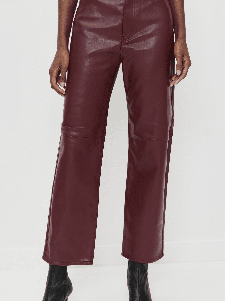 Burgundy Faux Leather High - Waist Wide - Leg Cropped Pants - allsose