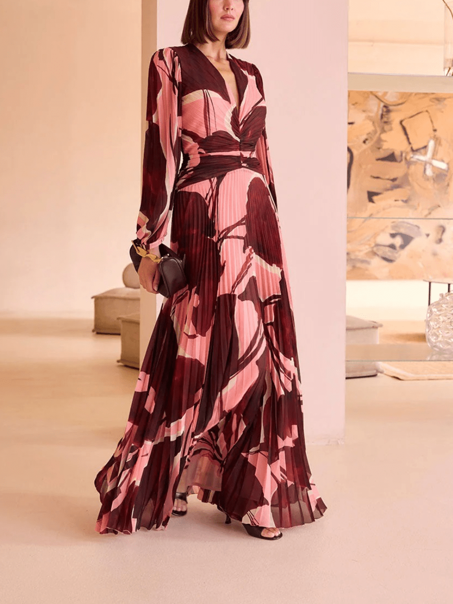 Burgundy Pink Abstract Print Pleated Maxi Dress - allsose