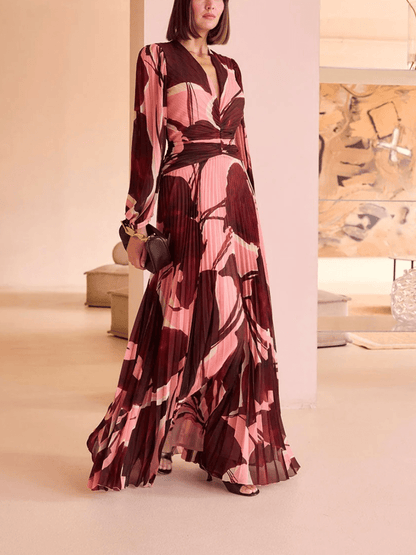 Burgundy Pink Abstract Print Pleated Maxi Dress - allsose