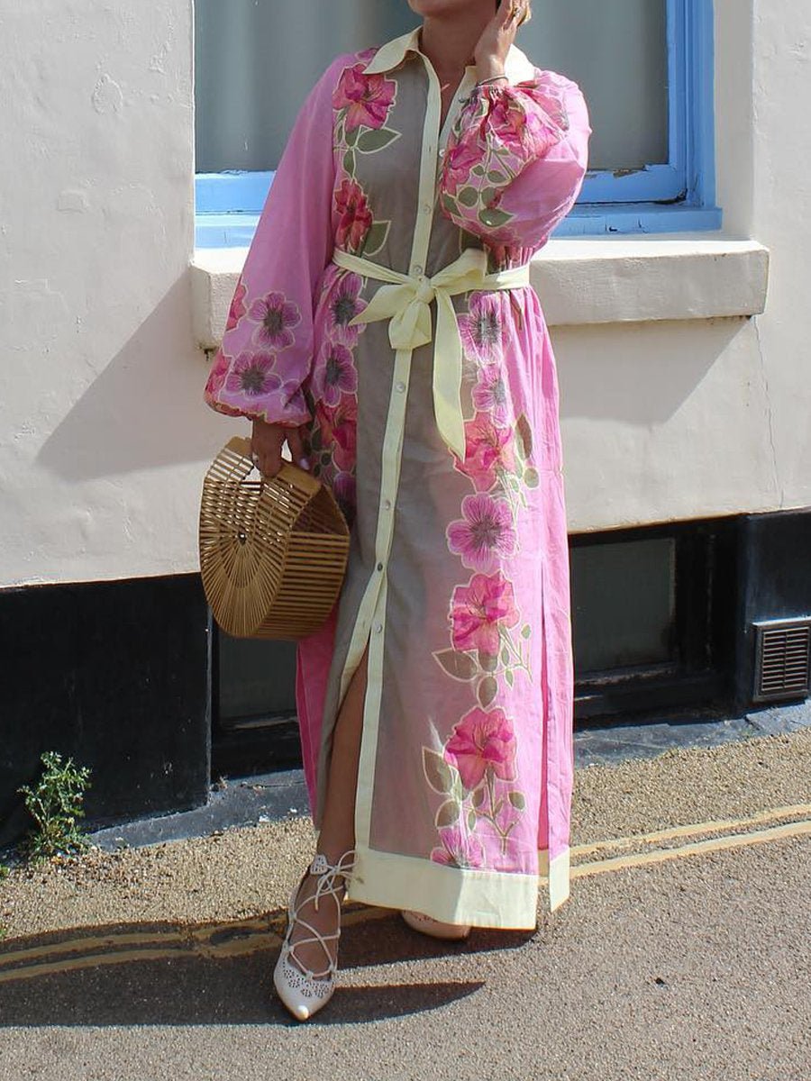 Casual Floral Print Lace Up Maxi Dress - allsose