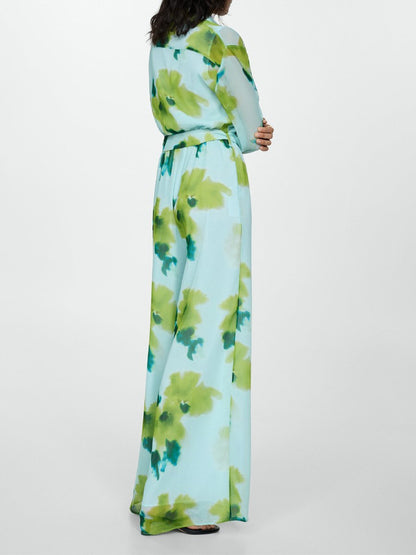 Casual Printed Long Sleeve Belt Jumpsuit - allsose