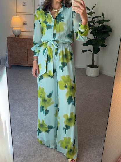 Casual Printed Long Sleeve Belt Jumpsuit - allsose