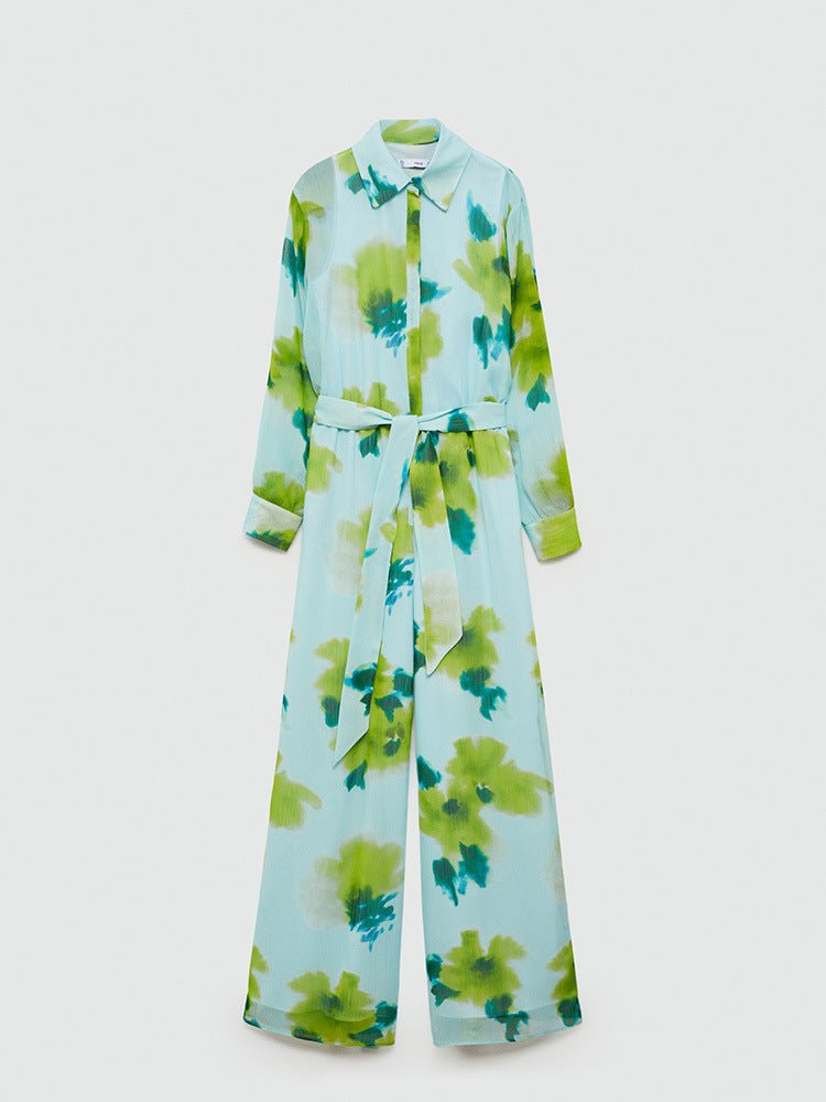 Casual Printed Long Sleeve Belt Jumpsuit - allsose