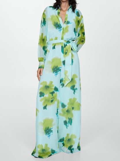 Casual Printed Long Sleeve Belt Jumpsuit - allsose